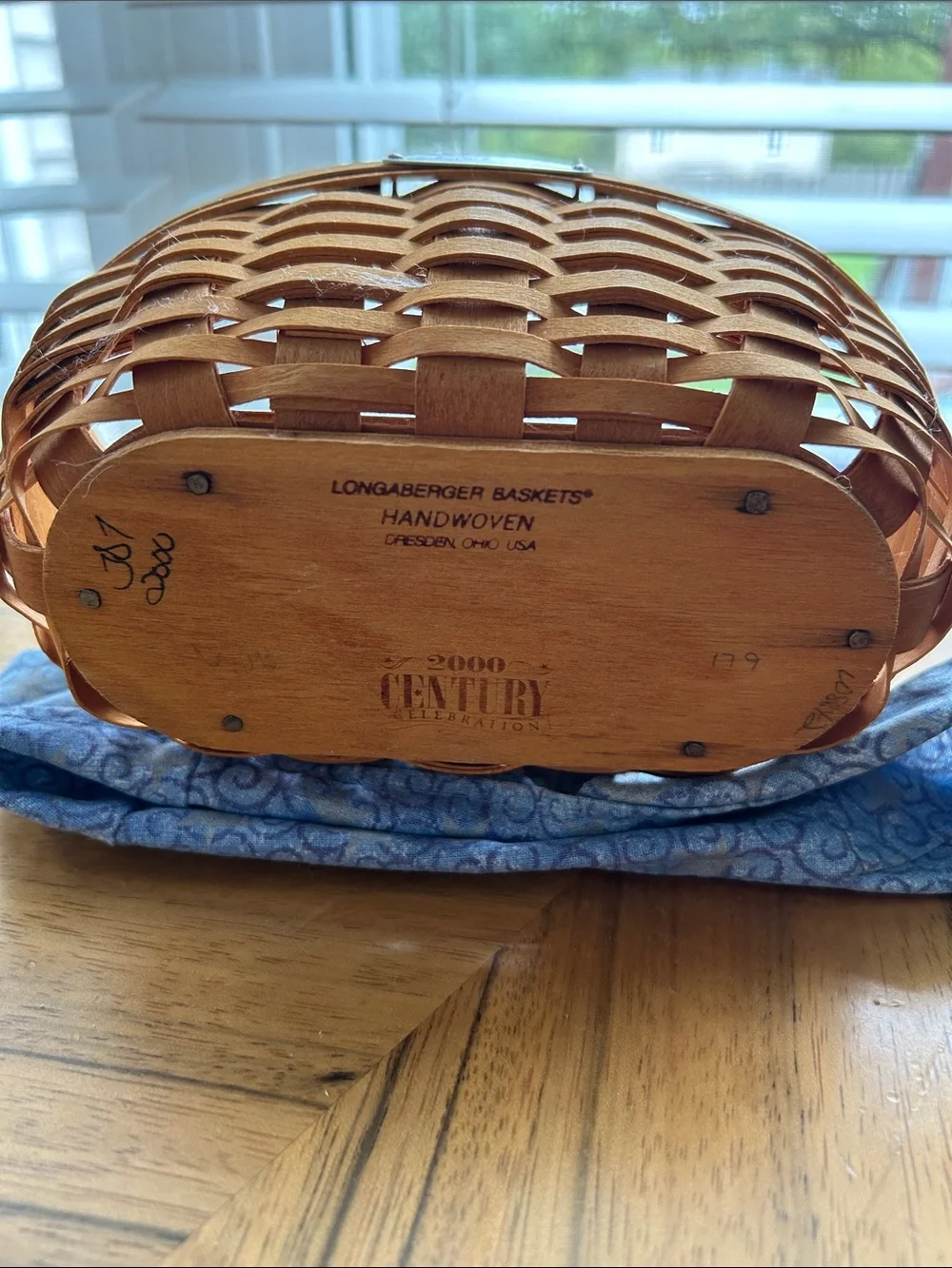 Longaberger Natural Wood Basket with Blue Fabric Liner